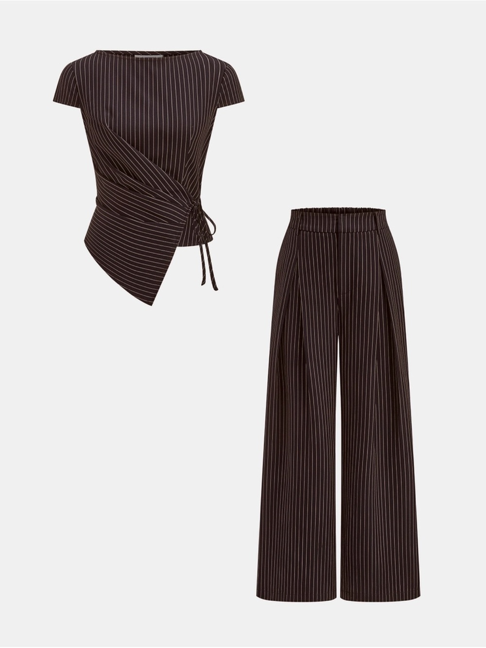 Commense Brown Pinstripe Wrap Top & Wide-Leg Pants Set